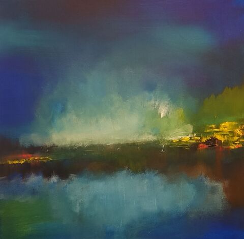 Rebirth,painting, acrylic paints, canvas, landscape, greens, blue, orange, clouds, sky, wall art, decor, contemporary art, interior design, affordable, moody, evocative, ready to hang, signed, art, artist