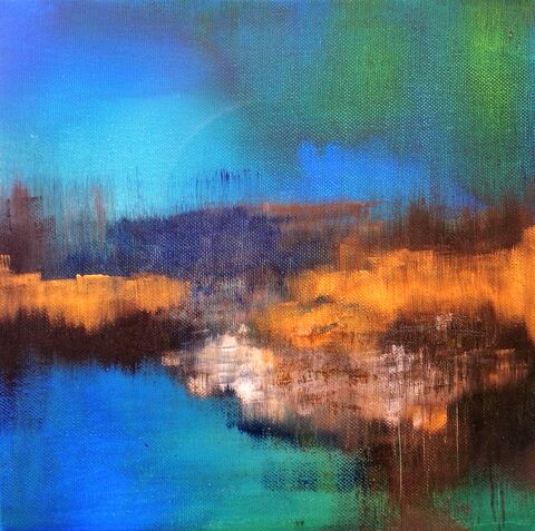 After,Noon,painting, acrylic paints, canvas, landscape, greens, blue, orange, gold, clouds, sky, wall art, decor, contemporary art, interior design, affordable, moody, evocative, ready to hang, signed, art, artist