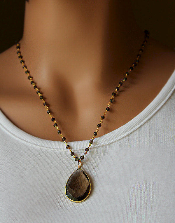 Large Smokey Quartz Pendant Necklace Brown Gemstone 14k Gold Large Smokey Quartz Pendant Necklace