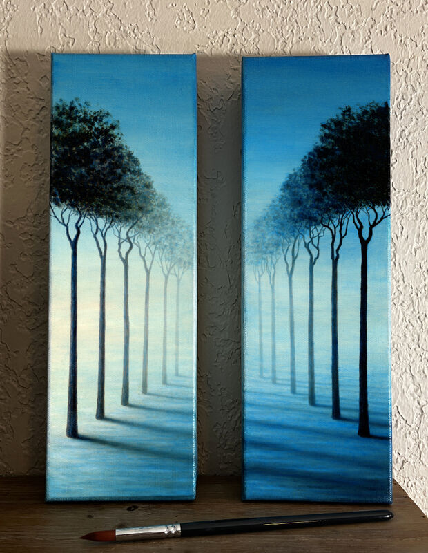Trees in the Blue Silence (original surreal diptych painting 12x4 in each) - product images  of 