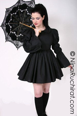 Black Gothic Lolita Dress with Peter Pan Collar Full Gathered Skirt and Long Sleeves - product images  of 