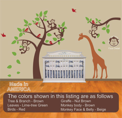 Nursery,Wall,Decal,A,Tree,full,of,Monkeys,with,Giraffe,Housewares,Wall_Decal,giraffe,decal,monkey,tree,jungle,nursery,animals,baby_decor,nursery_decor,wall_decal,vinyl_wall_decal,made_in_America,wall_decal_sale,self_adhesive_vinyl,decal_transfer_paper