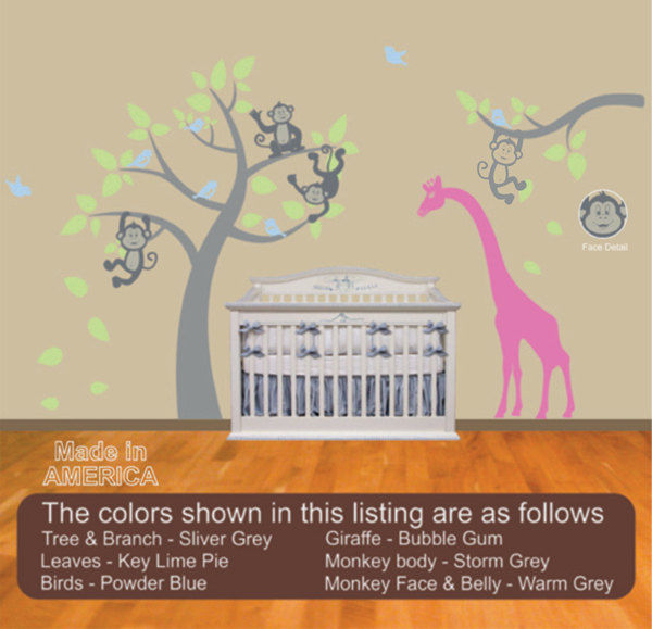 Nursery Wall Decal A Tree full of Monkeys with Giraffe - product images  of 