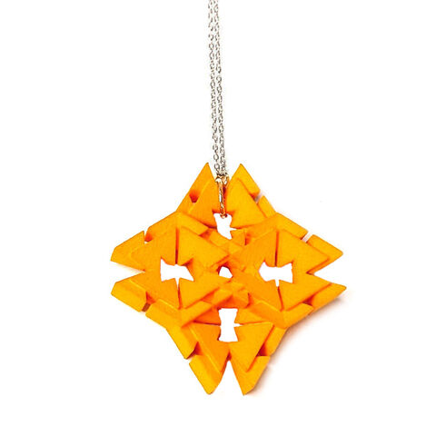 Laue,pendant,orange,by,Carly,Hitchens,origami pendant, origami jewellery, 3D printed jewellery, Sculptural nylon pendant, orange geometric pendant, alternative materials jewellery