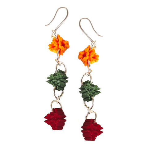 Multi-colour,snowflake,drop,earrings,by,Carly,Hitchens,Sculptural nylon earrings, multi-colour geometric earrings, alternative materials jewellery