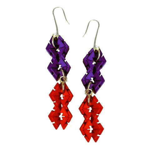 Laue,drop,earrings,red-purple,by,Carly,Hitchens,Sculptural nylon earrings, multi-colour geometric earrings, alternative materials jewellery