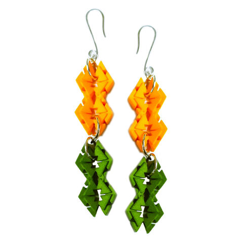 Laue,drop,earrings,orange-green,by,Carly,Hitchens,Sculptural nylon earrings, multi-colour geometric earrings, alternative materials jewellery
