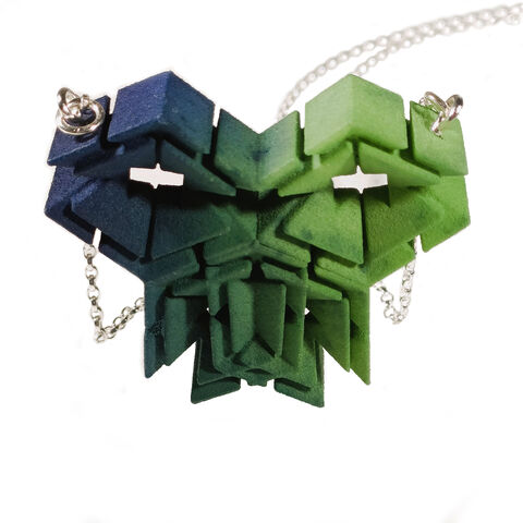 Geometric,necklace,blue-green,by,Carly,Hitchens,origami pendant, origami jewellery, 3D printed jewellery, Sculptural nylon pendant, blue-green geometric pendant, alternative materials jewellery