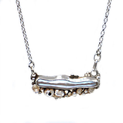 Stick,pearl,crustacean,necklace,by,Sarah,Blake,Sarah Blake, silver and stick pearl necklace, boho chic, organic jewellery, crustacean jewellery