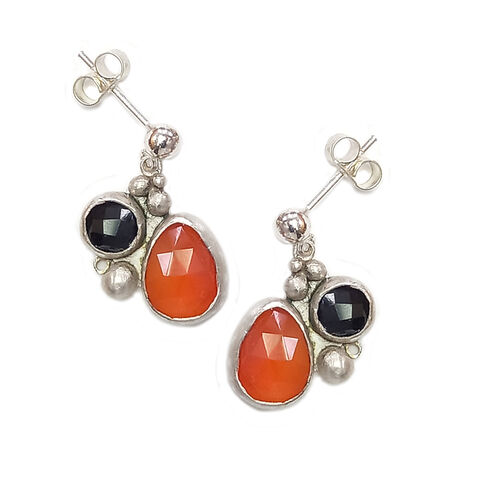 Cadis,drop,earrings,orange,&,black,by,Sarah,Blake,Sarah Blake, organic silver carnelian and onyx drop earrings, boho chic, organic jewellery