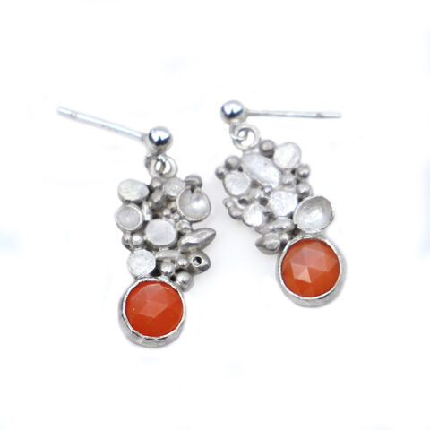 Pebble,earrings,orange,by,Sarah,Blake,Sarah Blake, organic silver and peach moonstone earrings, boho chic, organic jewellery, crustacean jewellery