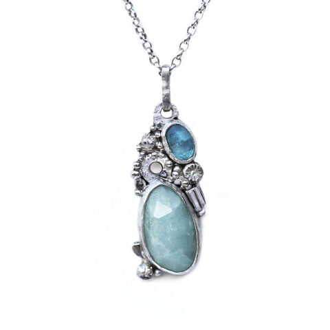 Crustacean,pendant,blues,by,Sarah,Blake,Sarah Blake, organic silver and aqua necklace, boho chic, organic jewellery, crustacean jewellery
