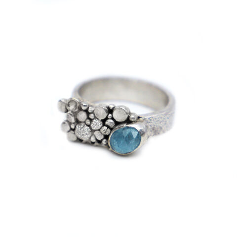 Crustacean,ring,blue,by,Sarah,Blake,Sarah Blake, silver and aquamarine organic ring, boho chic, organic jewellery