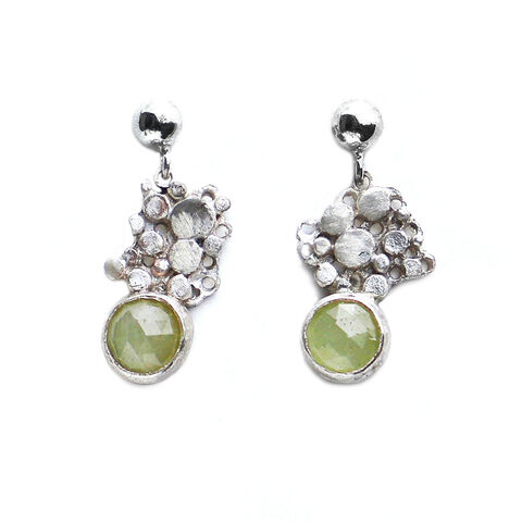 Pebble,earrings,green,by,Sarah,Blake,Sarah Blake, organic silver and green tourmaline earrings, boho chic, organic jewellery, crustacean jewellery