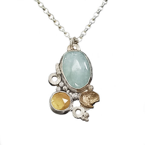 Crustacean,pendant,blue,&,yellow,by,Sarah,Blake,Sarah Blake, organic silver and aqua necklace, boho chic, organic jewellery, crustacean jewellery