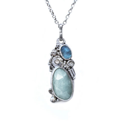 Crustacean,pendant,blues,by,Sarah,Blake,Sarah Blake, organic silver and aqua necklace, boho chic, organic jewellery, crustacean jewellery