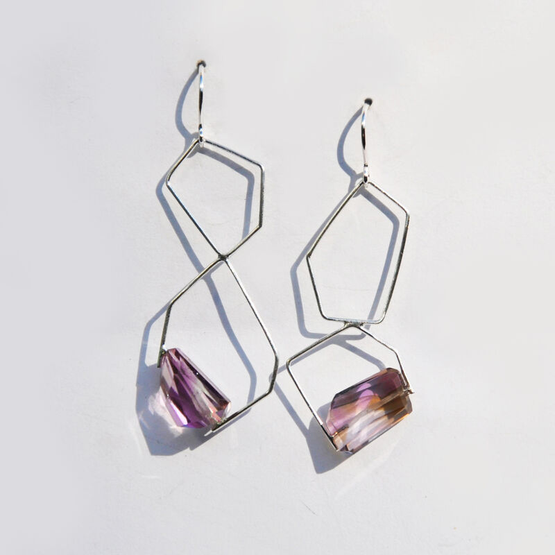 Geometric silver double hoops with ametrine by Katerina Damilos - product images  of 
