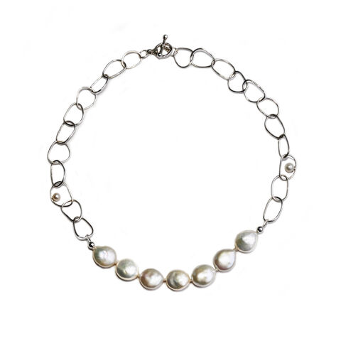Silhouette,collar,necklace,silver,with,baroque,pearls,by,Katerina,Damilos,Katerina Damilos, June birthstone, collar pearl pendant, contemporary necklaces, modern pearls, wedding jewellery, party jewellery