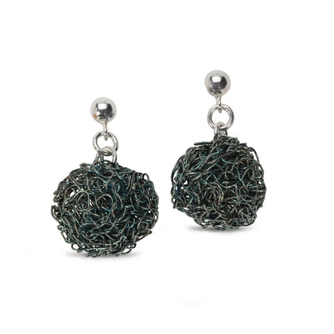Handknit,ball,earrings,black,by,Danny,Ries,Danny Ries, blackened silver hand-knitted ball earrings 
