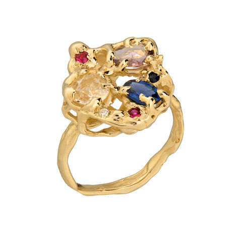 Coral,Bloom,ring,by,Parra,Jewels,multi gem gold ring, 9ct coral ring with gems, organic gold ring with multiple gemstones