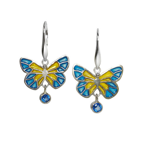 Blue-yellow,enamel,butterfly,earrings,by,Jean,Wilkinson,butterfly earrings with enamel, blue butterfly earrings
