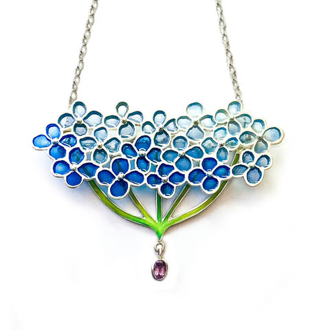 Summer,Umbrel,in,blue,necklace,by,Jean,Wilkinson,enamel bouquet of flowers necklace, blue enamel floral necklace