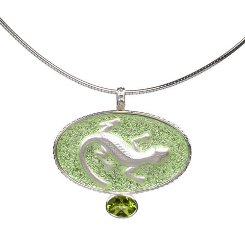 Salamander,necklace,by,Jean,Wilkinson,enamel salamander pendant, green enamel oval pendant with salamander 