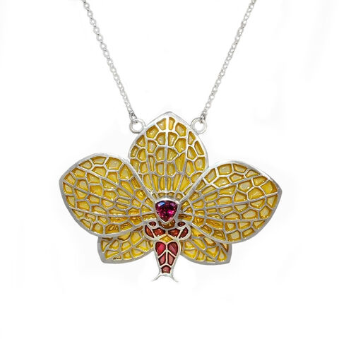 Yellow,Orchid,necklace,by,Jean,Wilkinson,enamel orchid necklace, yellow enamel orchid necklace