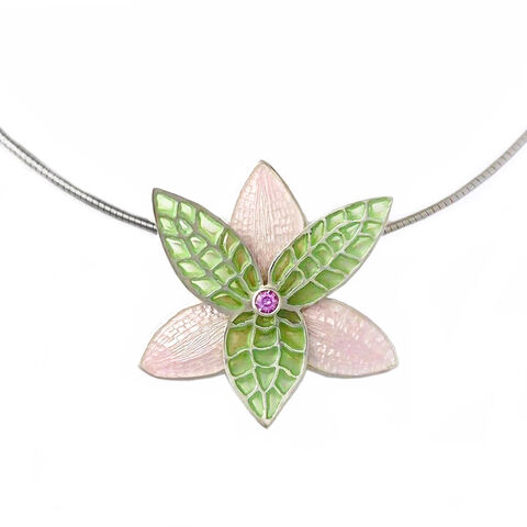Pink,&,Green,Orchid,necklace,by,Jean,Wilkinson,enamel orchid necklace, pink and green enamel orchid necklace