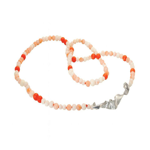 Textile,silver,with,coral,necklace,by,Jana,Svabova,silver crumpled necklace with coral beads