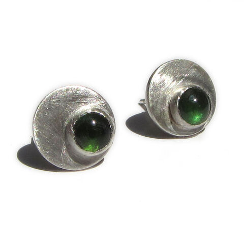 Green,Tourmaline,Cabochons,Round,Stud,Earrings,by,Catherine,Marche,luxury dark green studs, green tourmaline silver studs, handcrafted designer gemstone earrings, elegant green office jewellery, recycled silver tourmaline studs, luxury green cabochon earrings, discrete green studs, jewellery for the office, brushed silve