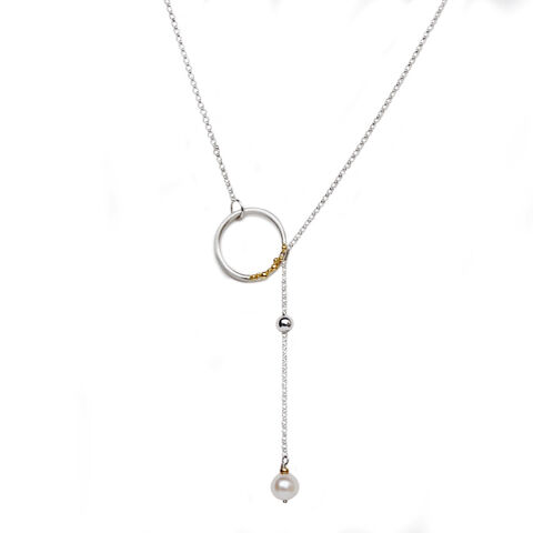 ORB,granulated,circle,lariat,-,silver,,gold,&,pearl,by,Katerina,Damilos,Katerina Damilos, silver hoop lariat with gold detail, textured silver and gold lariat, granulation, hoop lariat with pearl, contemporary necklaces, wedding jewellery, party jewellery