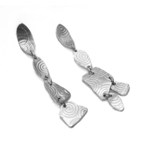 Asymmetrical,Sterling,Silver,Embossed,Earrings,by,Catherine,Marche,handmade asymmetric earrings, unique geometric eaerings, embossed silver dangle earrings, stylish contemporary sterling silver office jewellery, unusual silver earrings, long statement earrings 