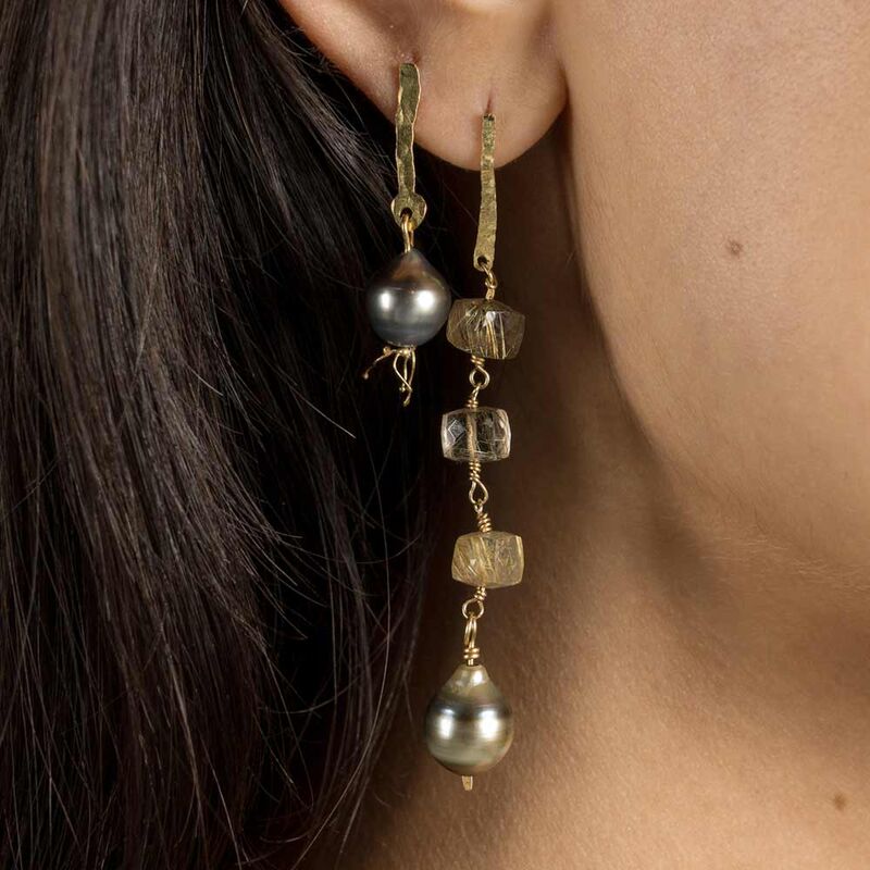 Long 18ct gold earrings with Tahitian black pearls by Catherine Marche - product images  of 