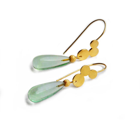 Sequin,earrings,gold,vermeil,with,fluorite,drops,by,Katerina,Damilos,Katerina Damilos, gold discs earrings with fluorite drops, joined disc gold earrings, gold sequin earrings with fluorite drops, understated elegant earrings, cascade earrings with fluorite, online jewellery, earrings with understated elegance