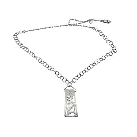 Lacy,pendant,silver,by,tJL,silver cut-out pendant, trapezoid silver pendant with cut-out design, recycled clock jewellery