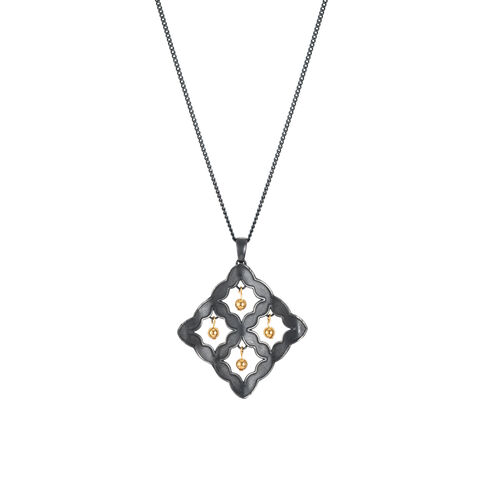 Dazzling,Night,necklace,black,by,Shirani,Fernando,Shirani Fernando, black lattice pendant with gold beads