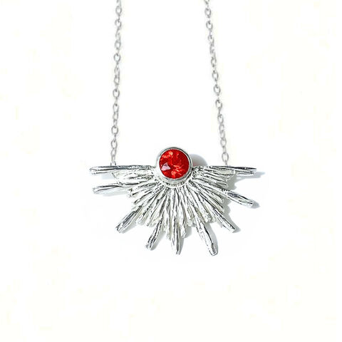 Orange,sunburst,necklace,silver,by,Maria,Izamis,Maria Izamis, Sun ray silver necklace with fire opal, textured silver necklace with fire opal, organic