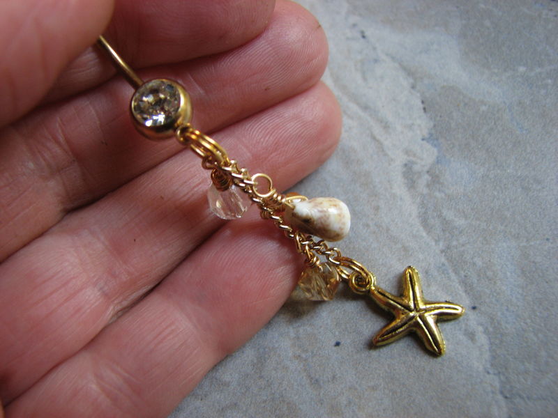 Dangling Gold Titanium Beach Belly Button Ring with Starfish Bits off
