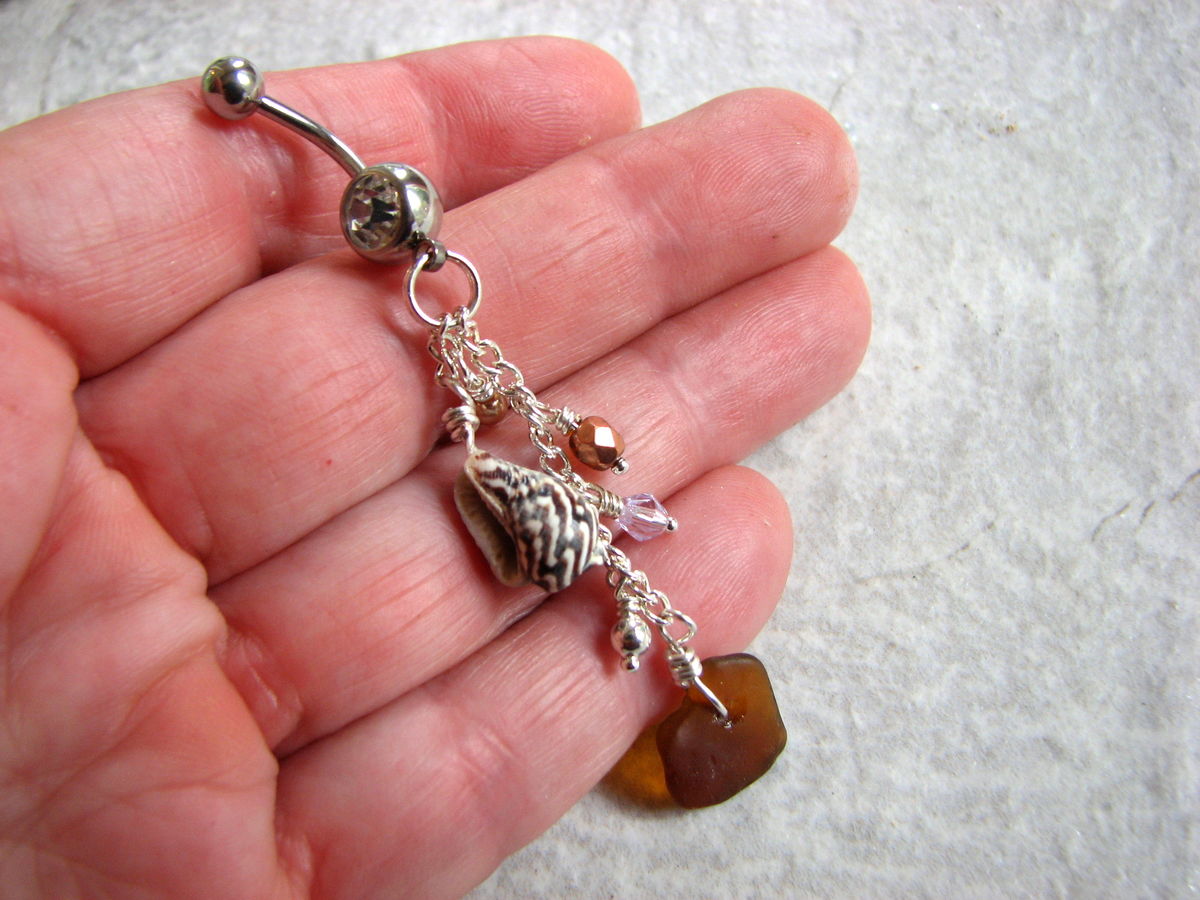 Dangly Sea Glass and Shell Belly Button Piercing in Natural Earth Tones