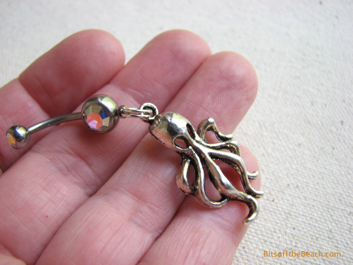 Silver Octopus Belly Button Piercing, Kraken Body Jewelry Bits off