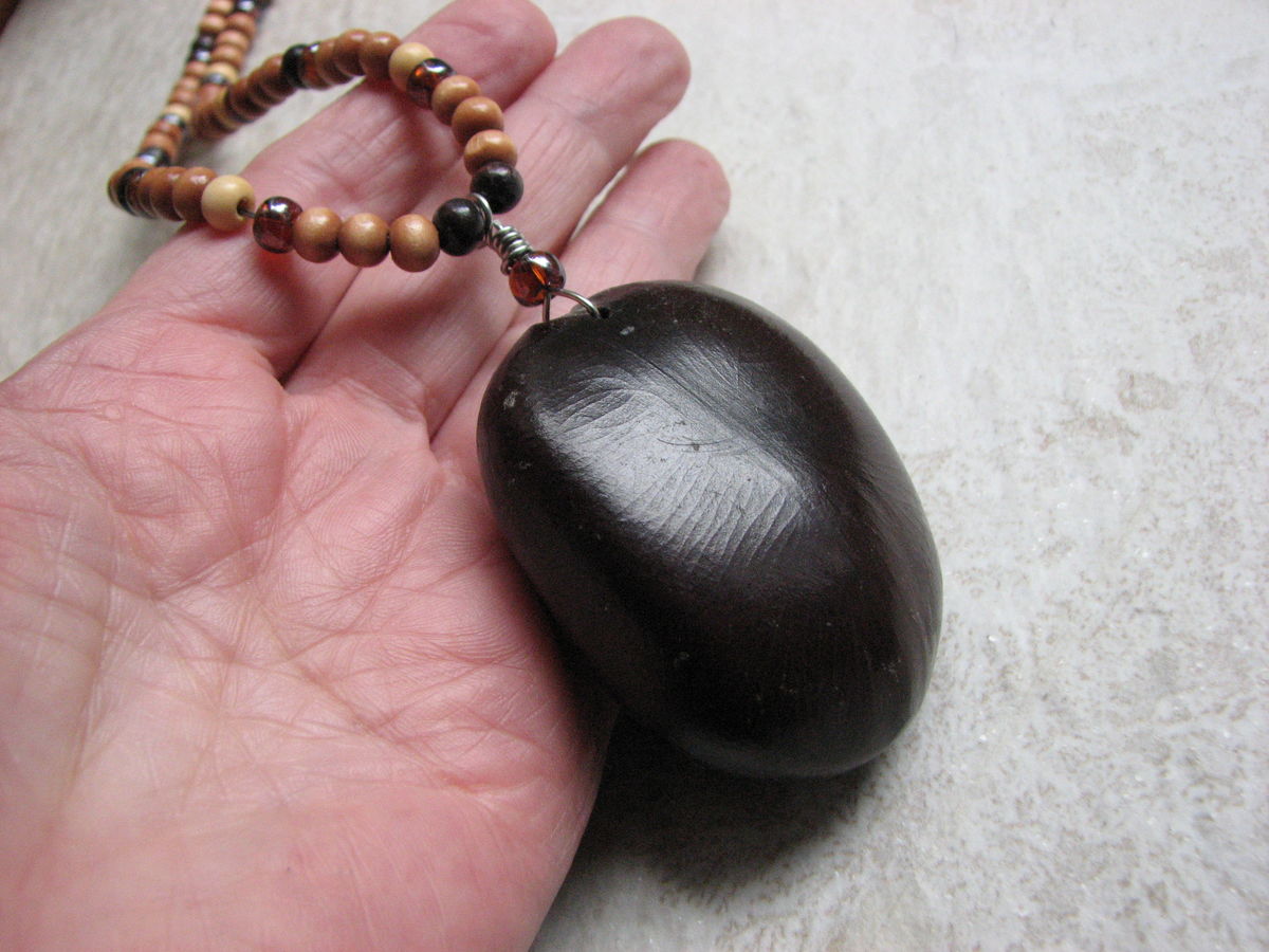 Sea Heart Necklace, Wood Bead and Large Natural Sea Bean Jewelry Bits off the Beach