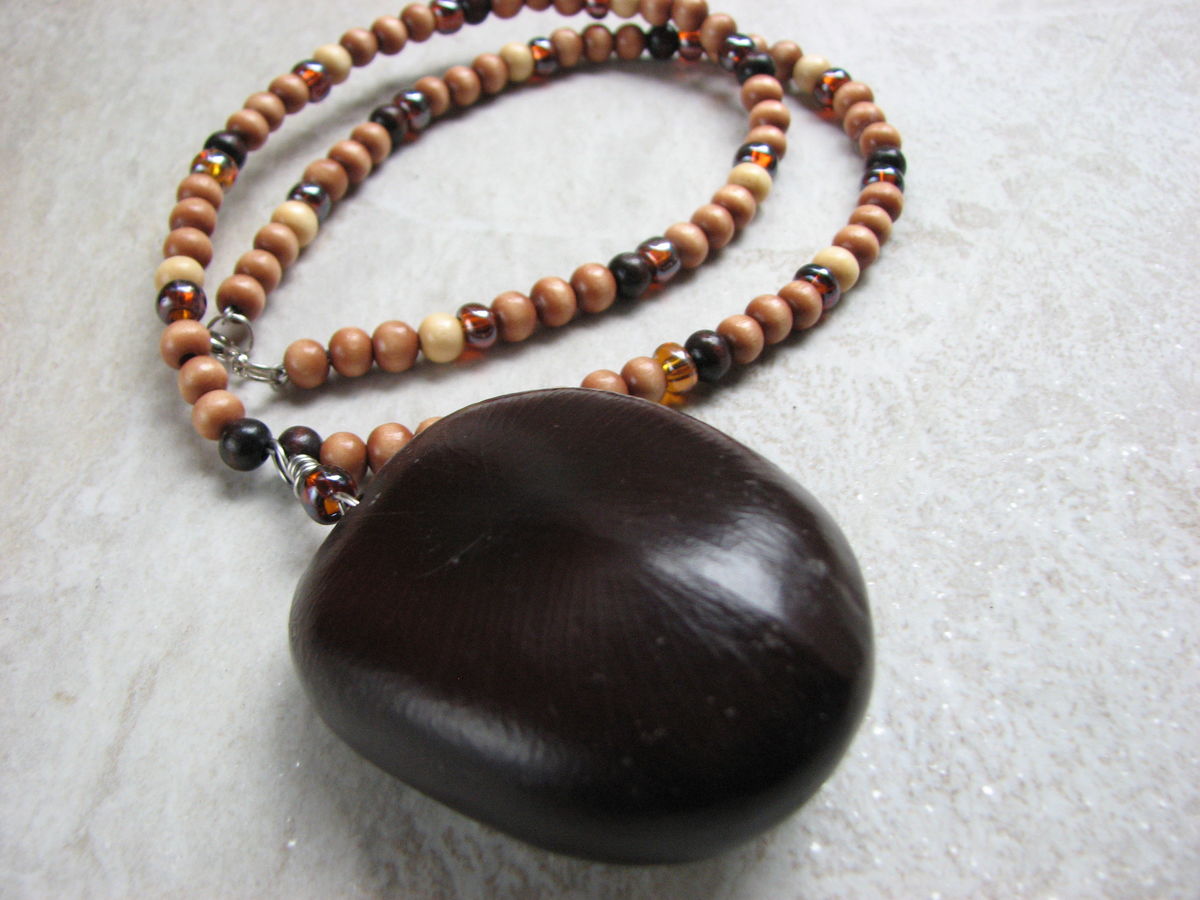 Sea Heart Necklace, Wood Bead and Large Natural Sea Bean Jewelry Bits off the Beach