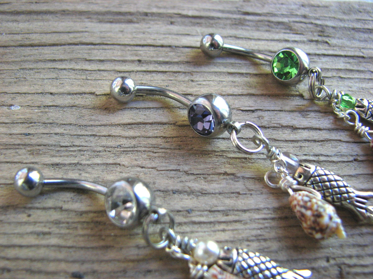 Long Belly Ring Bars, Abalone Shell Beach Dangles Bits off the Beach