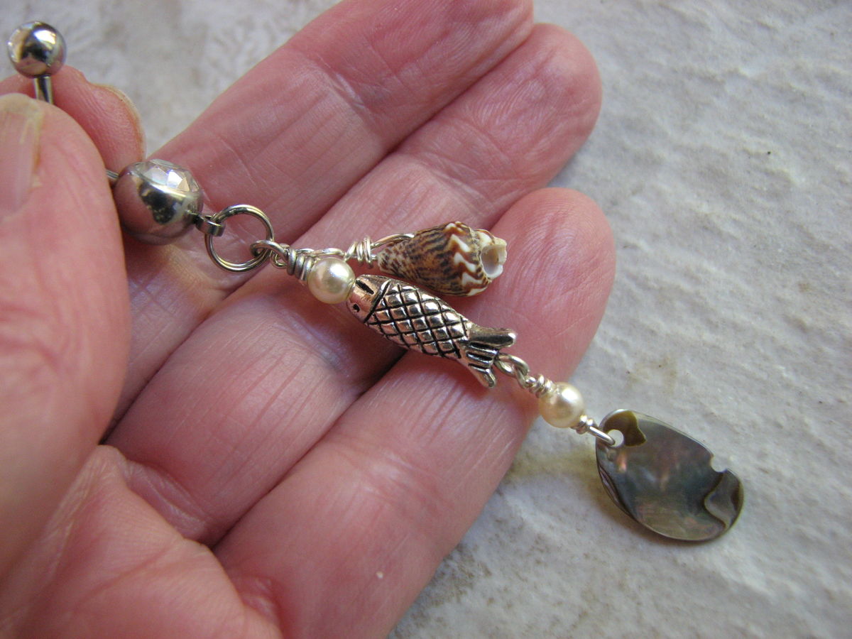 Long Belly Ring Bars, Abalone Shell Beach Dangles Bits off the Beach