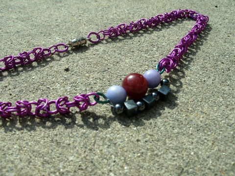 Violet,Byzantine,Necklace,with,polished,stone,and,hematite,beads,Jewelry,Chainmaille,purple,violet,indigo,anodized_aluminum,chainmail,byzantine,woven,red,aluminum,rings,polished_stone,anodized_aluminum_rings,polished_stone_beads,hematite_beads