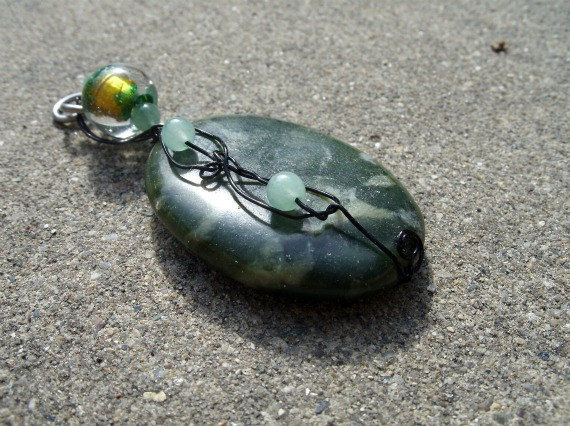 Green Polished Stone Wire Wrapped with Jade and Glass Bead - product images  of 
