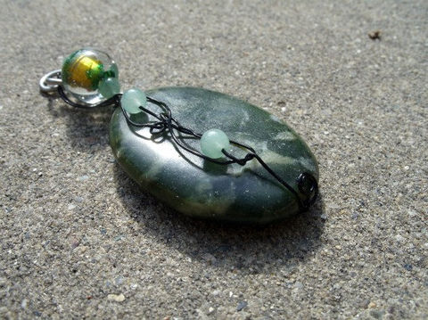Green,Polished,Stone,Wire,Wrapped,with,Jade,and,Glass,Bead,Jewelry,Pendant,Wire_Wrapped,green,polished_stone,white,swirl,glass_bead,yellow,jade,aluminum_wire,blue,wire_wrapped,Michigans_Trolls,jade_beads,glass_beads