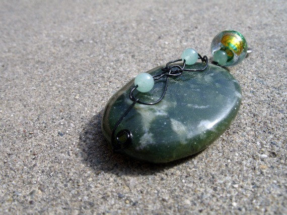 Green Polished Stone Wire Wrapped with Jade and Glass Bead - product images  of 