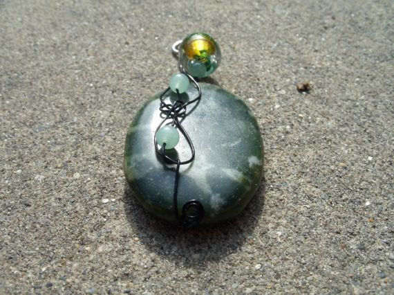 Green Polished Stone Wire Wrapped with Jade and Glass Bead - product images  of 